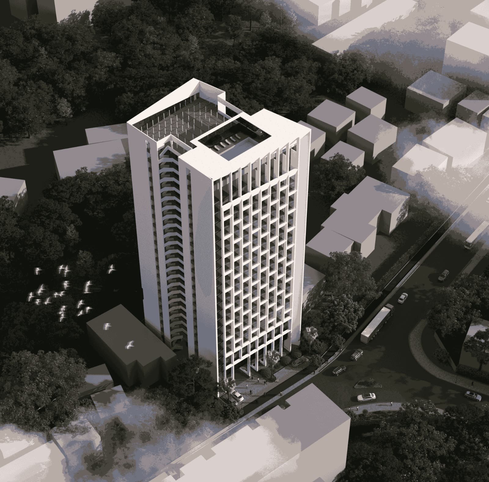 Architectural aerial rendering of a high-rise development