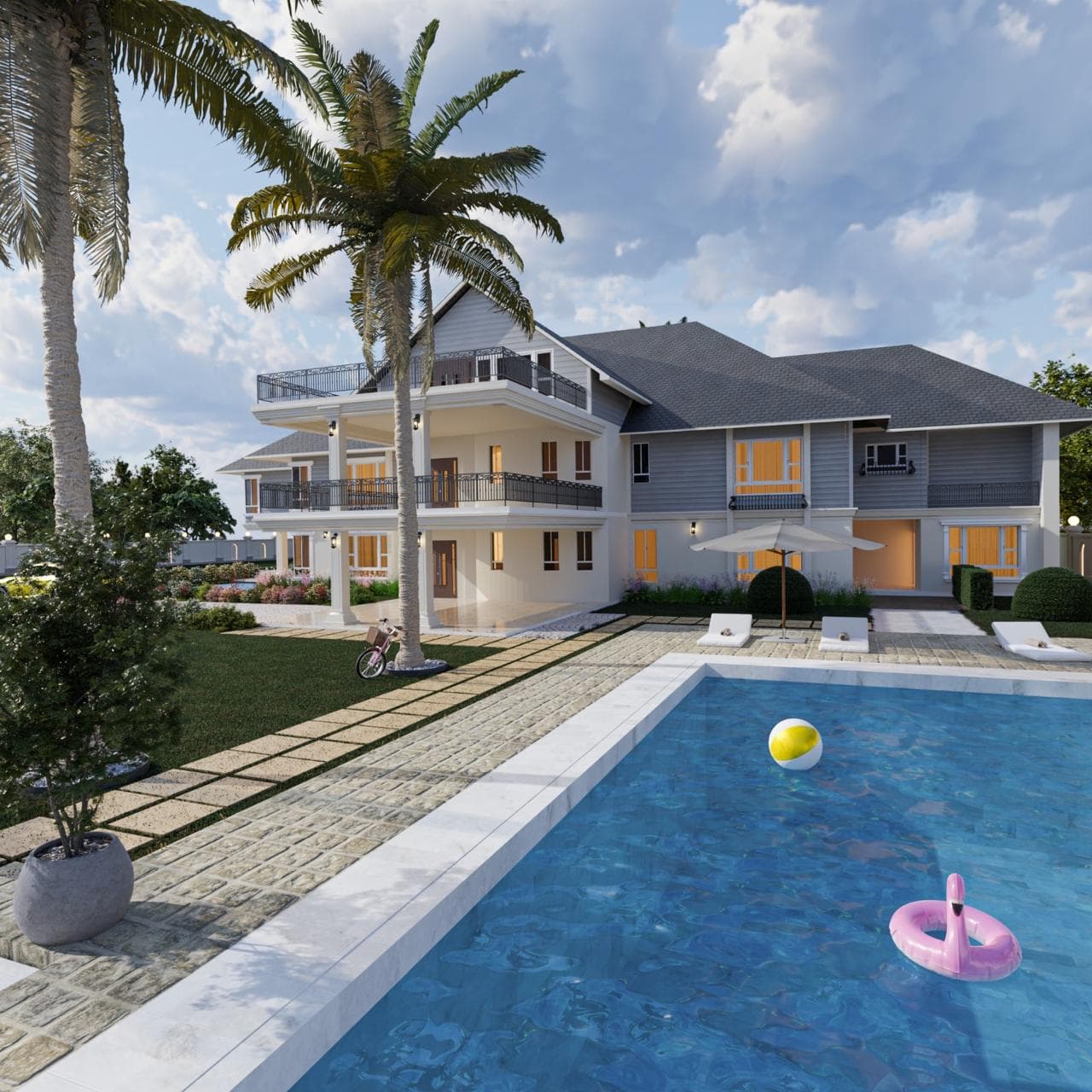 Residential development with landscaped grounds and swimming pool