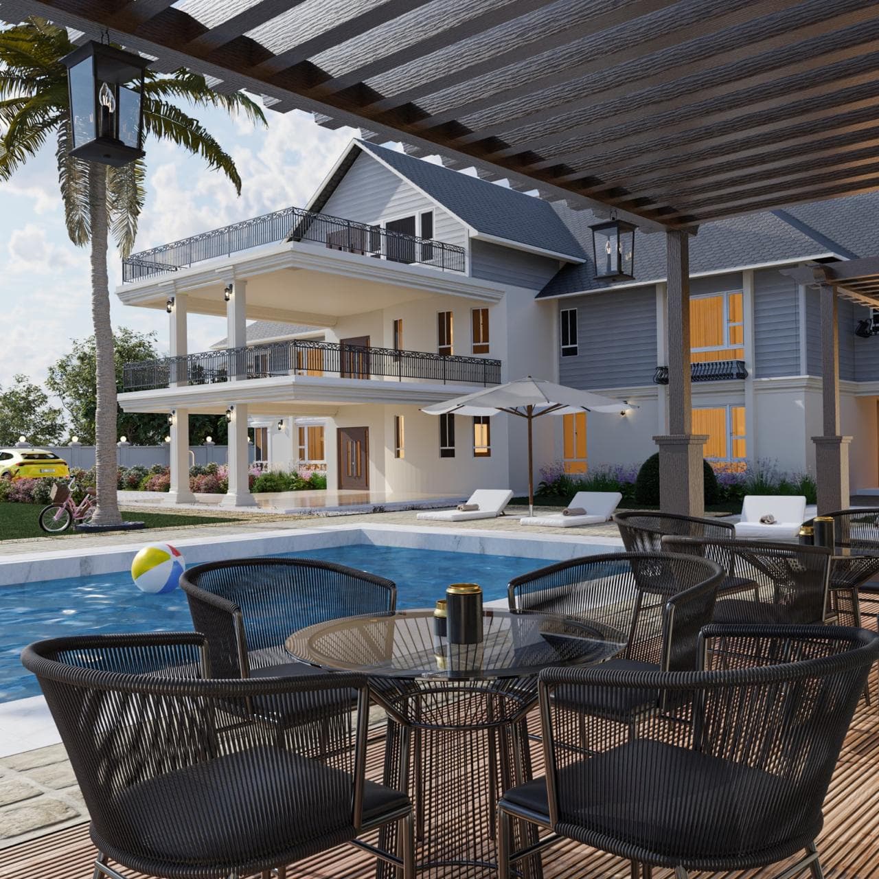 Residential terrace overlooking a swimming pool