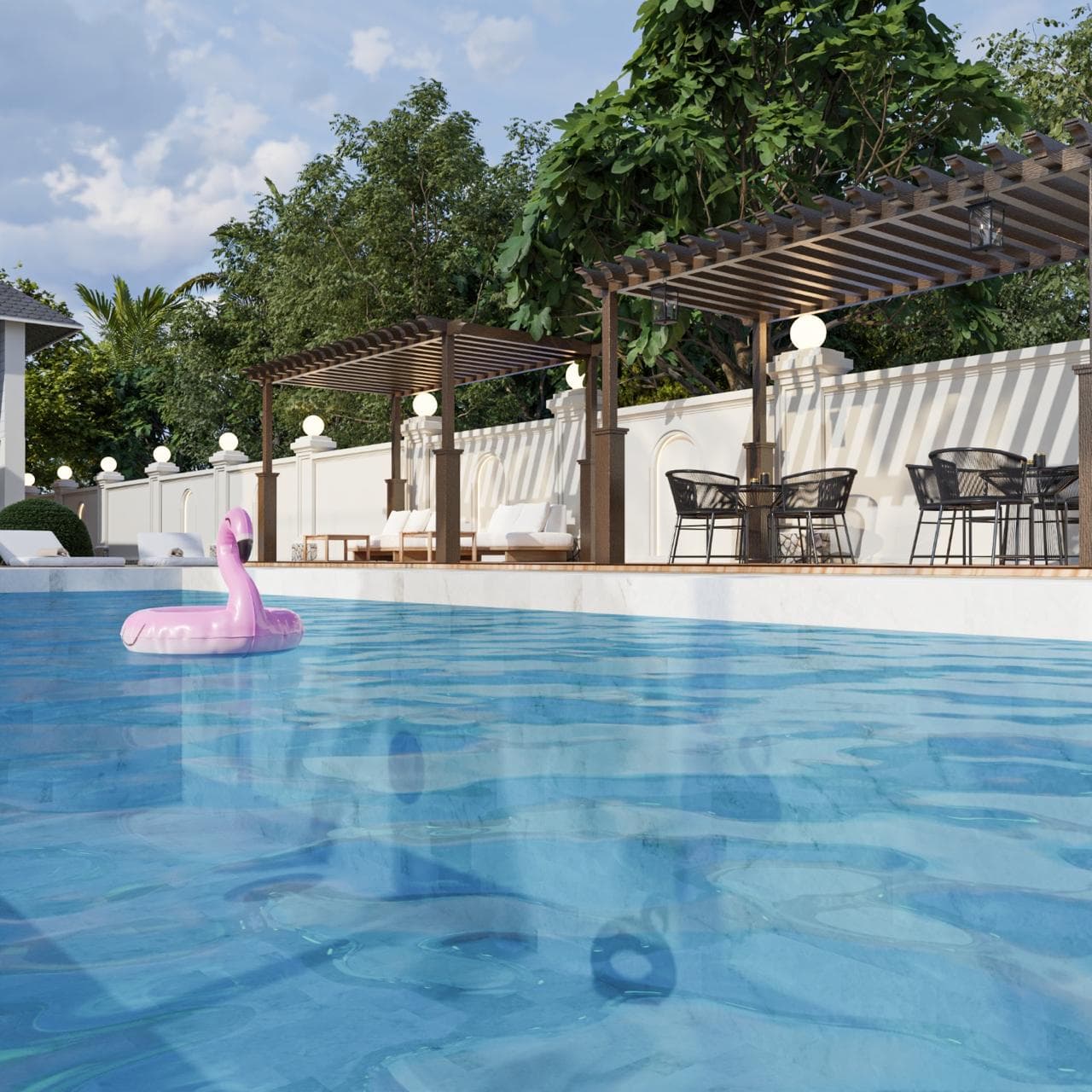 Landscaped pool terrace with shaded outdoor seating